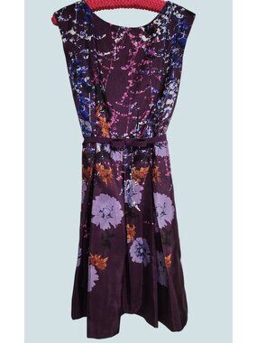Julian Taylor Sz 14 Belted Dress Purple Floral Pleated Bottom Knee Length